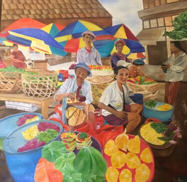 Painting titled "marché balinais" by Sacha, Original Artwork, Oil Mounted on Wood Stretcher frame