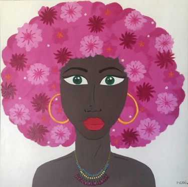 Pintura intitulada "Flowerhair black la…" por P. Verdú, Obras de arte originais