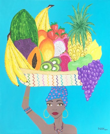 Pintura titulada "African fruity lady…" por P. Verdú, Obra de arte original