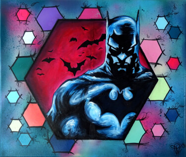 Painting titled "Tableau Batman Pop…" by Pvettese, Original Artwork, Acrylic Mounted on Wood Stretcher frame