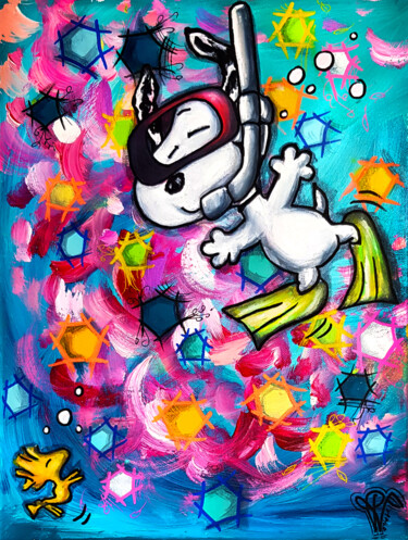 Painting titled "Tableau Snoopy Pop…" by Pvettese, Original Artwork, Acrylic Mounted on Wood Stretcher frame