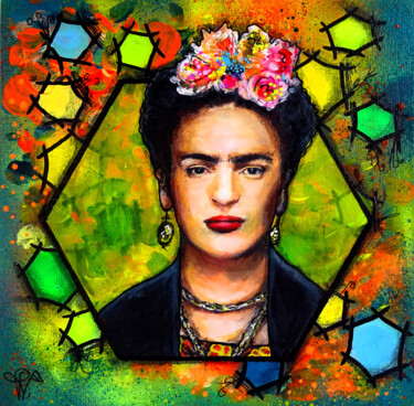 Painting titled "Peinture Frida Kahl…" by Pvettese, Original Artwork, Acrylic Mounted on Cardboard
