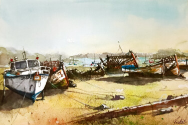 Painting titled "Bord de Rance - Que…" by Philippe Vidal, Original Artwork, Watercolor