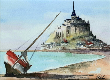 Painting titled "Mont St Michel" by Philippe Vidal, Original Artwork, Watercolor