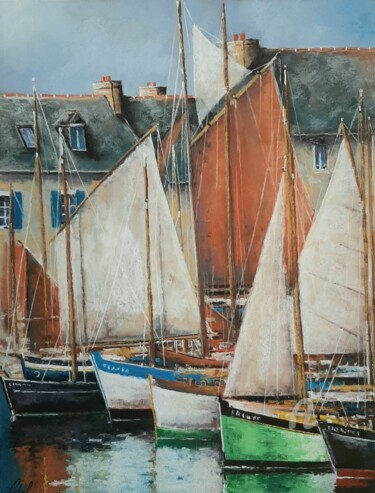 Картина под названием "Voiliers au port." - Philippe Vidal, Подлинное произведение искусства, Пастель