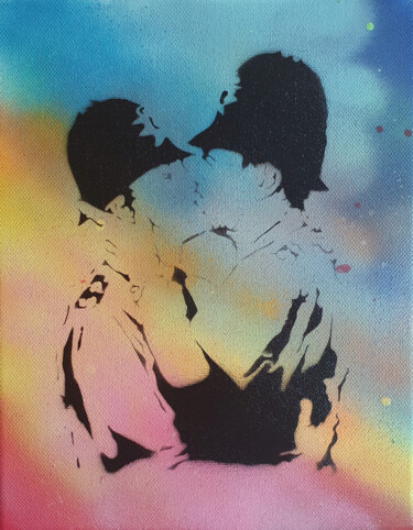 Ζωγραφική με τίτλο "PyB police kiss ban…" από Pyb, Αυθεντικά έργα τέχνης, Ακρυλικό Τοποθετήθηκε στο Ξύλινο φορείο σκελετό
