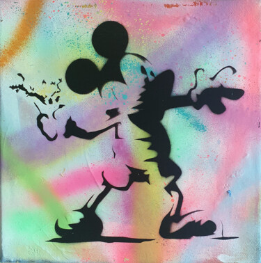 Painting titled "PyB Mickey  Banksy…" by Pyb, Original Artwork, Spray paint Mounted on Wood Stretcher frame