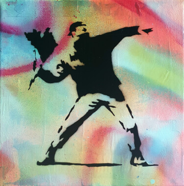 Painting titled "PyB Banksy man 2022…" by Pyb, Original Artwork, Spray paint Mounted on Wood Stretcher frame