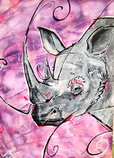 Painting titled "Rhino power of love" by Pyramid Van Damme, Original Artwork, Acrylic Mounted on Wood Stretcher frame