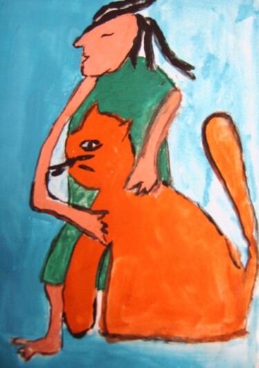Painting titled "Le chat et le Romain" by Q.Mumu, Original Artwork