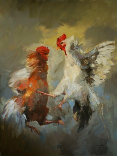 Pintura titulada "Clash of Roosters-…" por Qais Al Sindy, Obra de arte original, Oleo