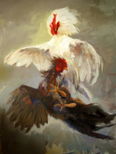 Painting titled "Clash of Roosters-…" by Qais Al Sindy, Original Artwork, Oil