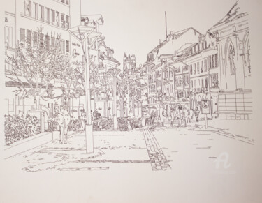 Tekening getiteld "Rue de Lausanne" door Quentin Esseiva, Origineel Kunstwerk, Grafiet