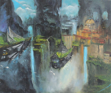 Painting titled "Cave Town" by Vera Derevyanko, Original Artwork, Oil Mounted on Wood Panel