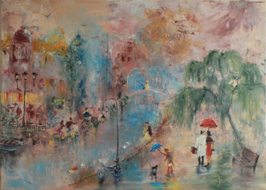 Painting titled "Warm, summer rain" by Vera Derevyanko, Original Artwork, Oil Mounted on Wood Panel