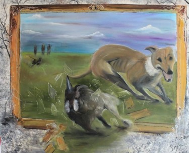 Painting titled "Snatch" by Vera Derevyanko, Original Artwork, Oil Mounted on Wood Stretcher frame