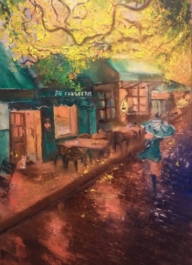 Painting titled "Autumn street" by Vera Derevyanko, Original Artwork, Oil