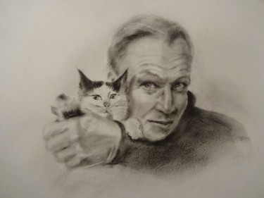 Картина под названием "Человек и кошка" - Vera Utekhina, Подлинное произведение искусства, Масло