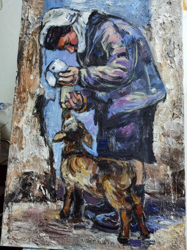 Painting titled "mother feeding lamb" by Qiuzi Zhang, Original Artwork, Acrylic