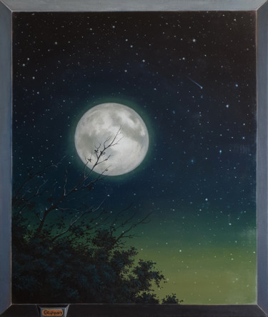 Painting titled "La lune" by Qoqyan, Original Artwork, Oil Mounted on Wood Stretcher frame
