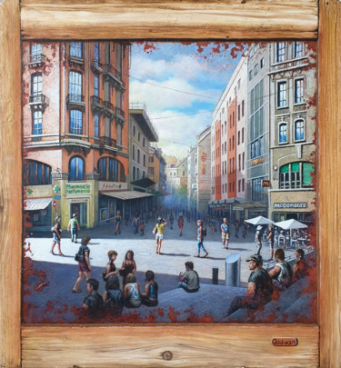 Painting titled "Lausanne, rue Saint…" by Qoqyan, Original Artwork, Oil Mounted on Wood Stretcher frame