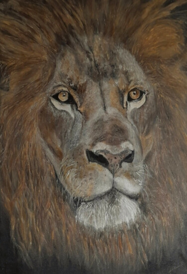 Painting titled "León Lion Portrait…" by Queennoble Dr. Elle Ramirez, Original Artwork, Oil Mounted on Wood Panel