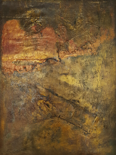 Malerei mit dem Titel "Large Gold Rustic A…" von Queennoble Dr. Elle Ramirez, Original-Kunstwerk, Acryl Auf Holzplatte monti…