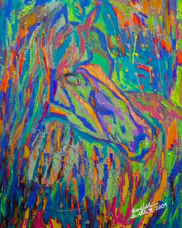 Painting titled "Neon Horse" by Queennoble Dr. Elle Ramirez, Original Artwork, Acrylic Mounted on Wood Panel
