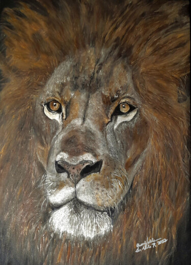 Painting titled "Lion #2" by Queennoble Dr. Elle Ramirez, Original Artwork, Oil Mounted on Wood Stretcher frame
