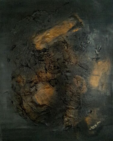 Malerei mit dem Titel "Black Textured Abst…" von Queennoble Dr. Elle Ramirez, Original-Kunstwerk, Acryl Auf Holzplatte monti…