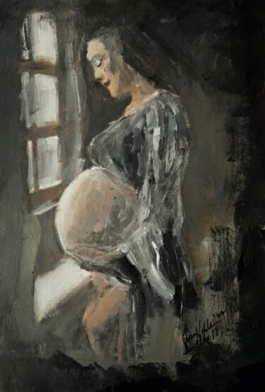 Painting titled "Pregnancy Portrait…" by Queennoble Dr. Elle Ramirez, Original Artwork, Acrylic Mounted on Wood Panel