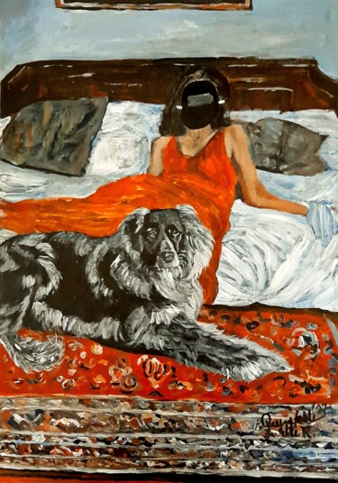 Pittura intitolato "The Dog Lady With A…" da Queennoble Dr. Elle Ramirez, Opera d'arte originale, Acrilico