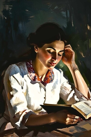 Pittura intitolato "Lady With A Book" da Queennoble Dr. Elle Ramirez, Opera d'arte originale, Olio