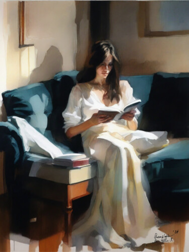 Painting titled "Woman Reading Anna" by Queennoble Dr. Elle Ramirez, Original Artwork, Oil