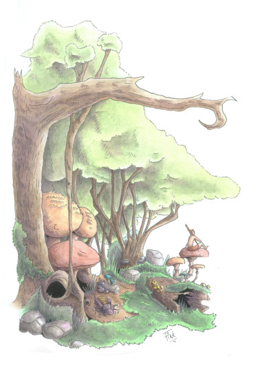Peinture intitulée "Forêt perdue 1" par Fink, Œuvre d'art originale, Aquarelle
