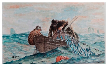 Painting titled "Un día de pesca" by Quin, Original Artwork, Watercolor