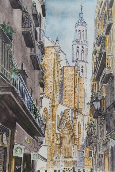 Painting titled "Catedral del Mar" by Quin, Original Artwork, Watercolor