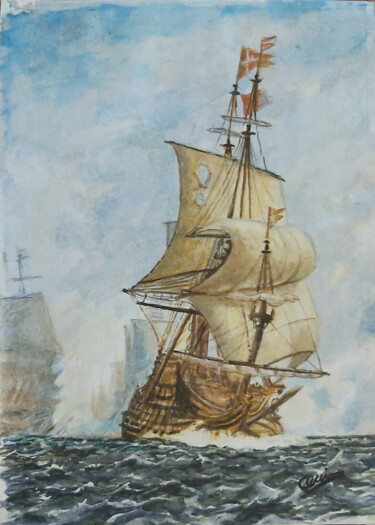 Schilderij getiteld "LA BATALLA NAVAL" door Quin, Origineel Kunstwerk, Aquarel