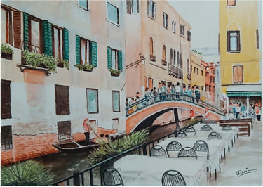 Schilderij getiteld "PUENTE DE VENECIA" door Quin, Origineel Kunstwerk, Aquarel