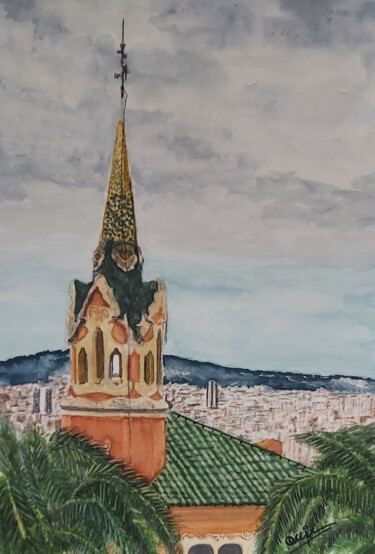 Schilderij getiteld "PARQUE GÜELL" door Quin, Origineel Kunstwerk, Aquarel