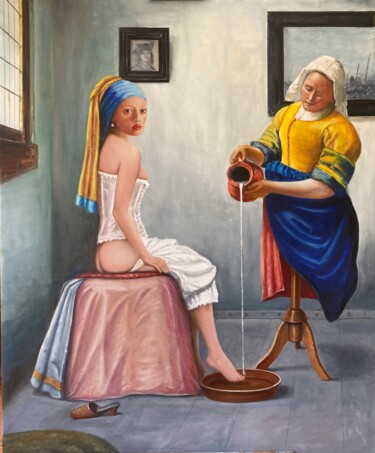 Painting titled "La joven de la perl…" by Quino Zoncu, Original Artwork, Oil