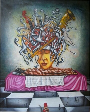 Painting titled "Sueño con canciones…" by Quino Zoncu, Original Artwork, Oil