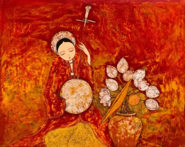 Peinture intitulée "Nguyệt cầm ("Moon L…" par Quoc Son Nguyen, Œuvre d'art originale, Laque