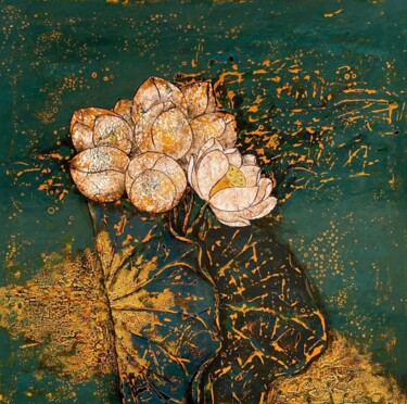 Painting titled "Bạch liên ("White l…" by Quoc Son Nguyen, Original Artwork, Lacquer