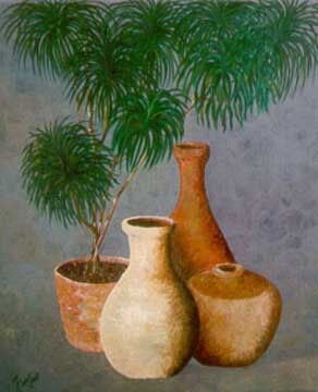 Pittura intitolato "Jars & Plant" da Qusay Alawami, Opera d'arte originale, Olio