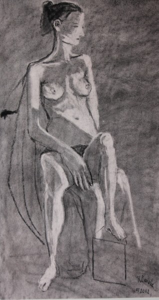 Drawing titled "N°166  En regardant…" by R. Cavalié, Original Artwork, Charcoal