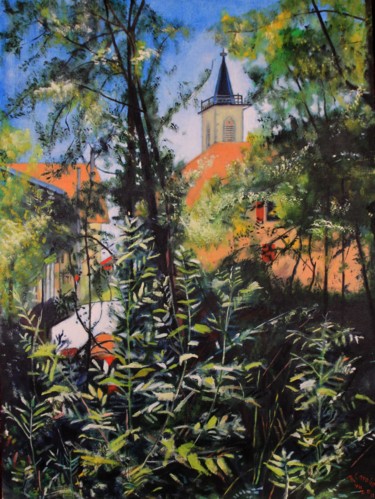 Peinture intitulée "N° 832 L'église de…" par R. Cavalié, Œuvre d'art originale, Huile Monté sur Châssis en bois