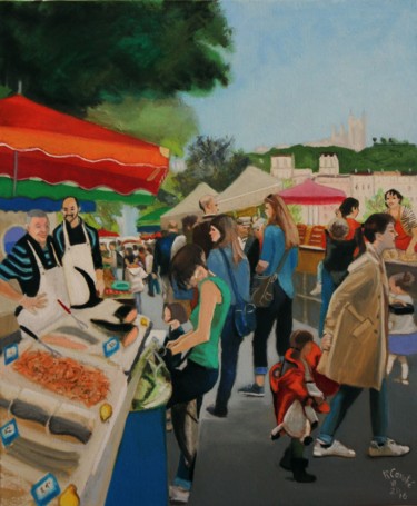 Painting titled "N° 989  Le marché" by R. Cavalié, Original Artwork, Oil Mounted on Wood Stretcher frame