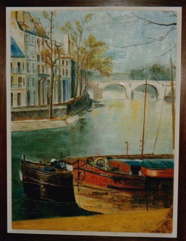 Peinture intitulée "N° 23  Péniches sur…" par R. Cavalié, Œuvre d'art originale, Huile