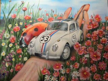 Painting titled "Deux Coccinelles à…" by Roger Dame, Original Artwork, Acrylic Mounted on Cardboard